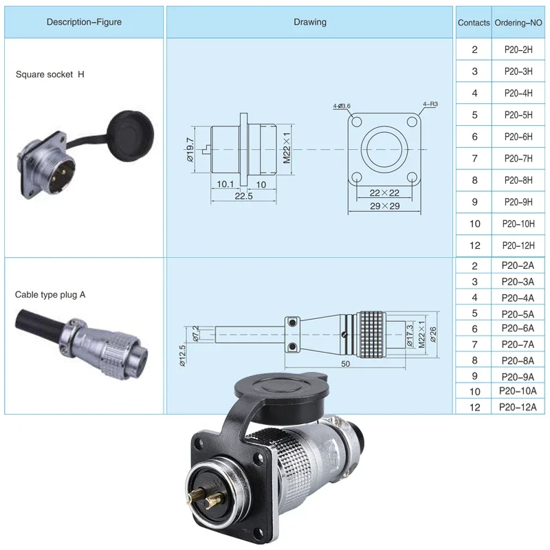 PLS20 Aviation Plug Square Plate 2/3/4/5/6/7/8/9/10/12Pin P20 M20  20MM Connector Copper Male Female Connector 20MM Diameter