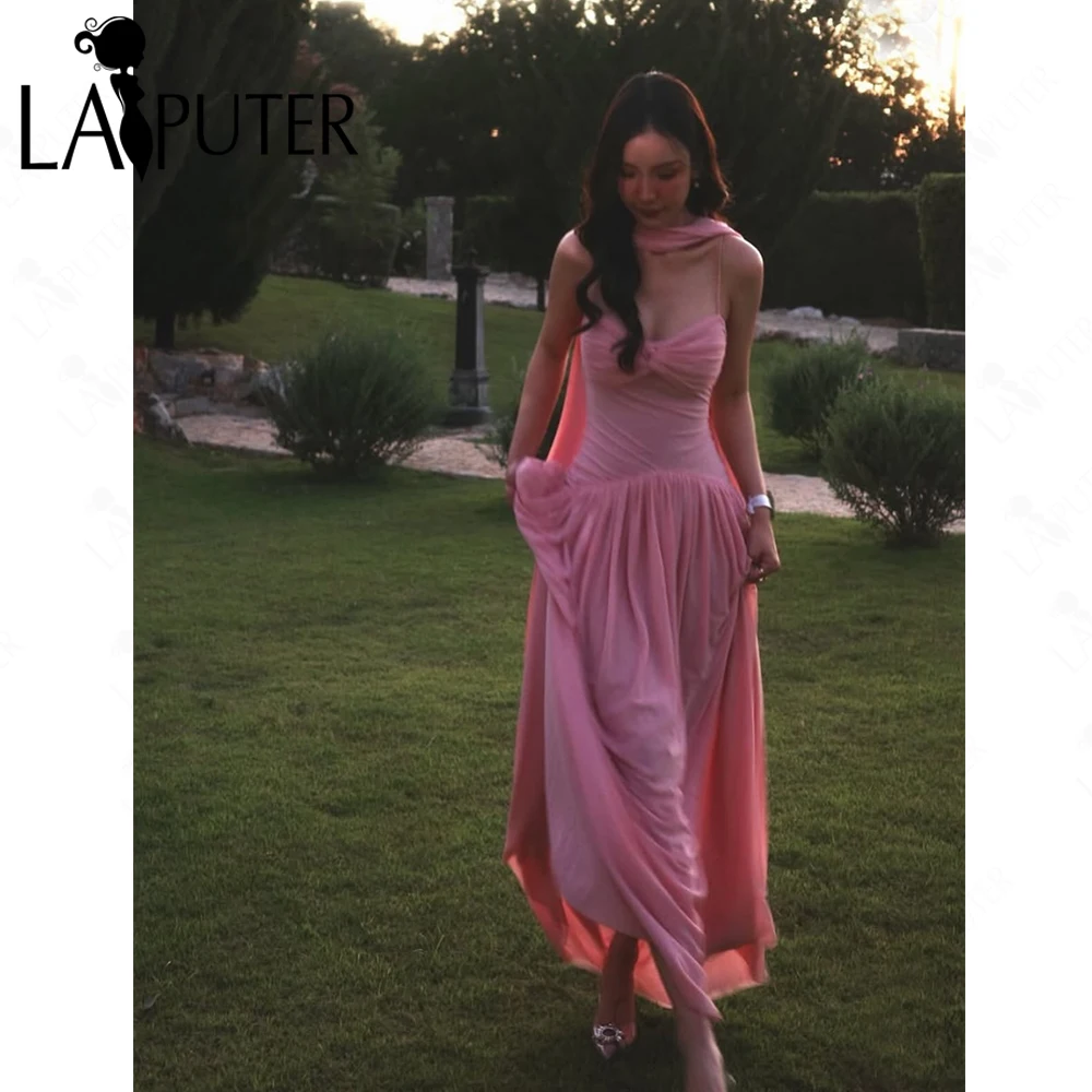 

Pink Long Bridesmaid Dresses with Halter Ribbon Illusion Waist Wedding Guest Gowns Crisscross Pleat Dropped Girl Prom Dress 2026