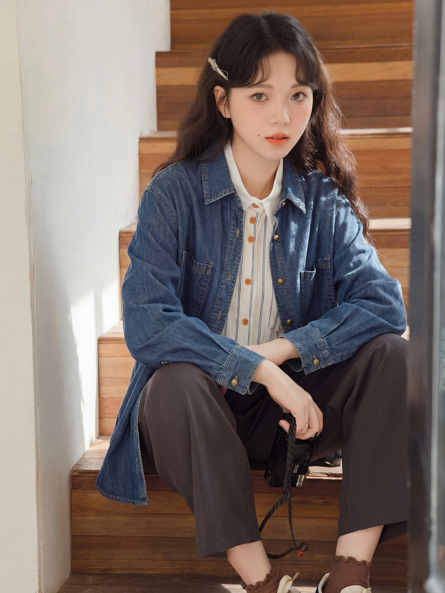 

Ретро-рубашка из синего денима для женщин, свободная, для ношения под одеждой, весенняя новинка, стильный дизайн, многослойная, с эффектом похудения, с длинным рукавом