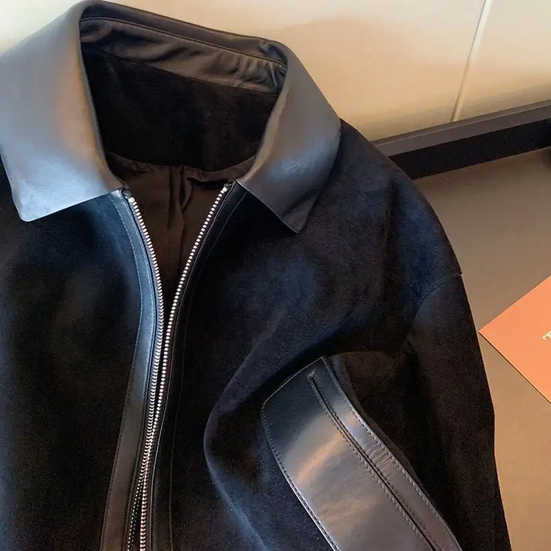 المرأة الرجعية سترة سوداء ربيع الخريف مجموعة جديدة الجلد المدبوغ الربط بولي Leather الجلود بدوره إلى أسفل طوق فضفاض سستة نمط البنطال القصير