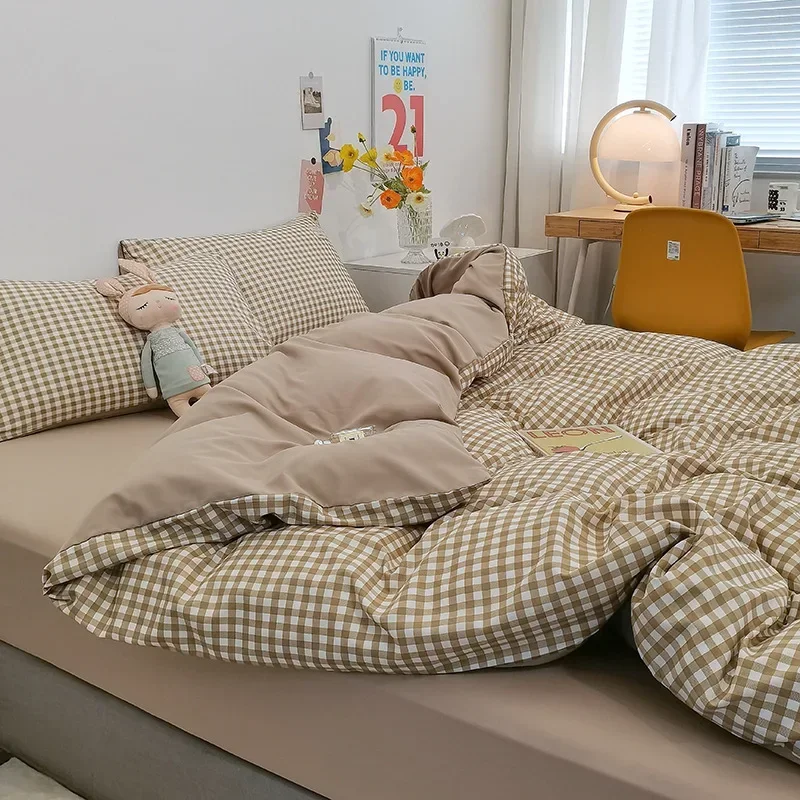 Fashion Striped Grid Printed Bedding Sets Japanese Comfort Breathable Fitted Cover Kit Home Single Double Bedclothes for Summer
