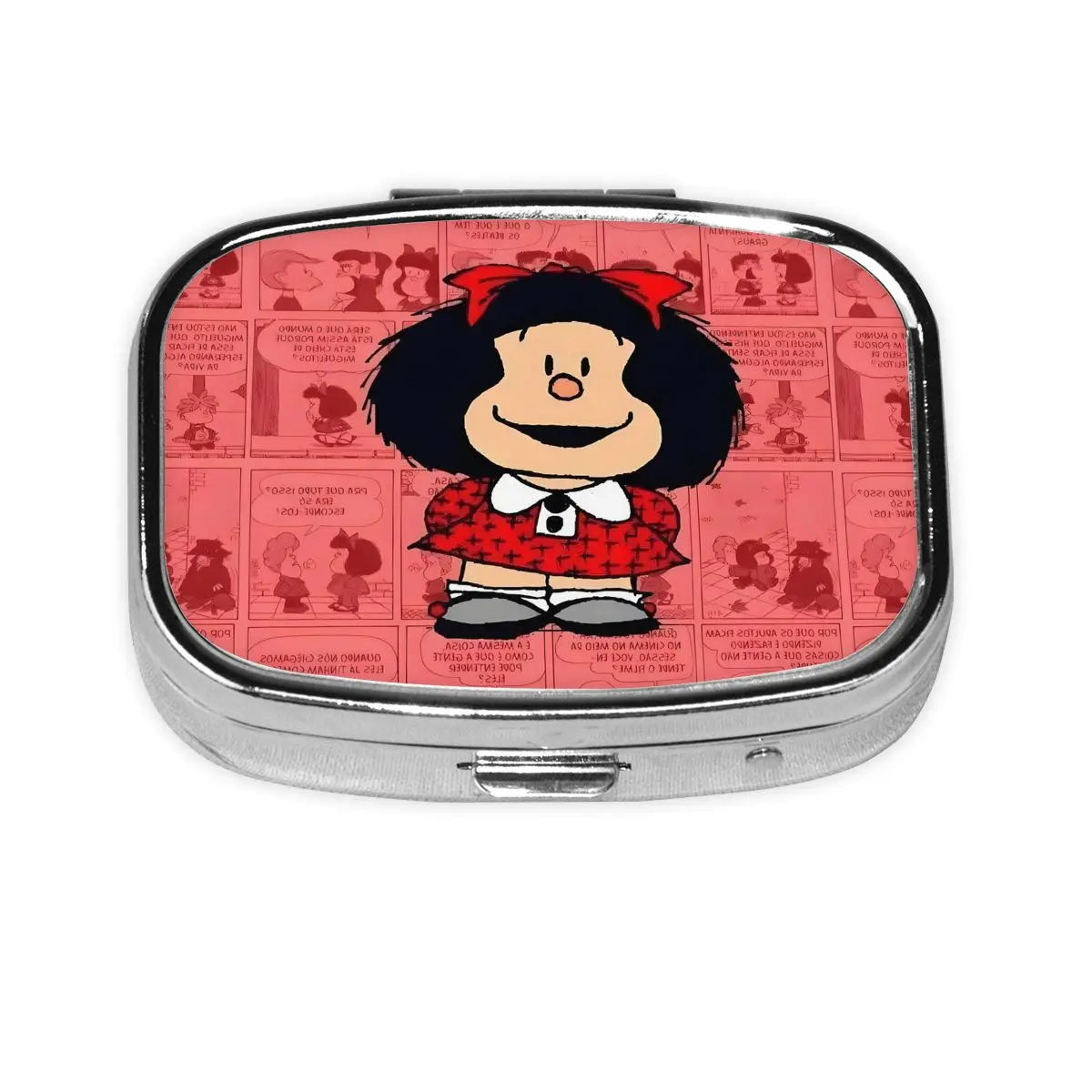 

Cute Mafalda Metal Pills Box Mini Quino Argentina Cartoon 2-Compartment Square Pill Case Container for Purse