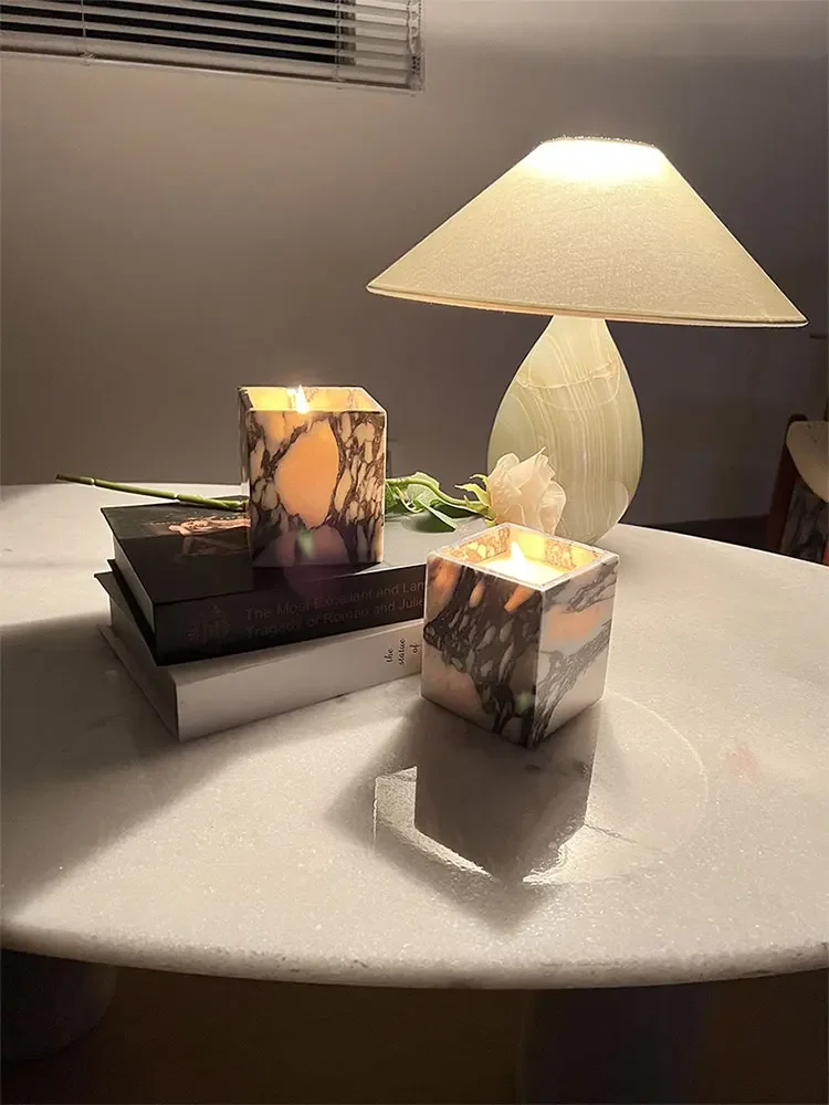 Customized French Calacatta Viola Violet Marble Natural Stone Candle Holder Cups Jar Room Vintage Ambiance Deco