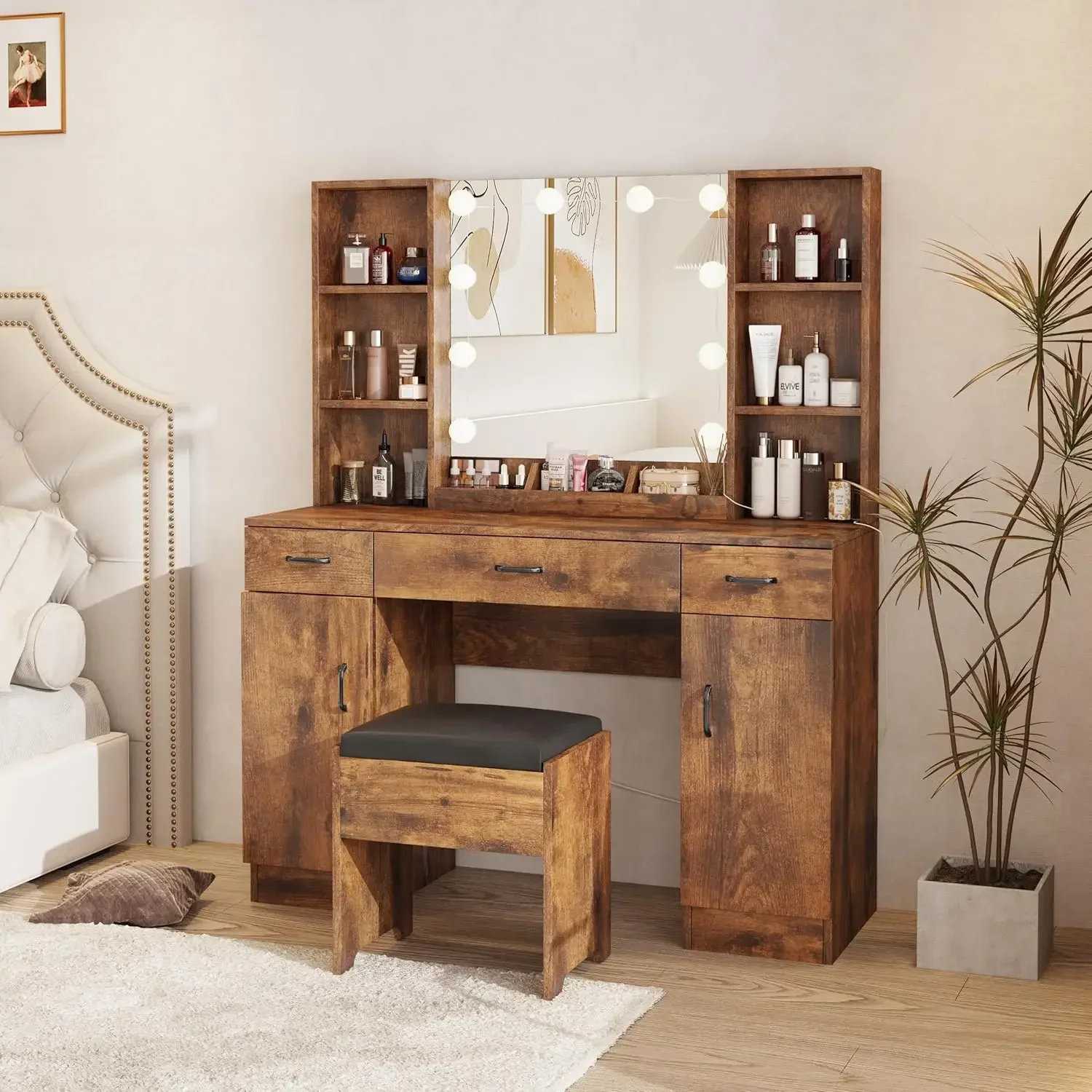 

White Vanity Set Makeup Table with 3 Drawers, 2 Cabinets and Multiple Shelves, Large Vanity 45.2in(W)(Rustic Brown, Large)