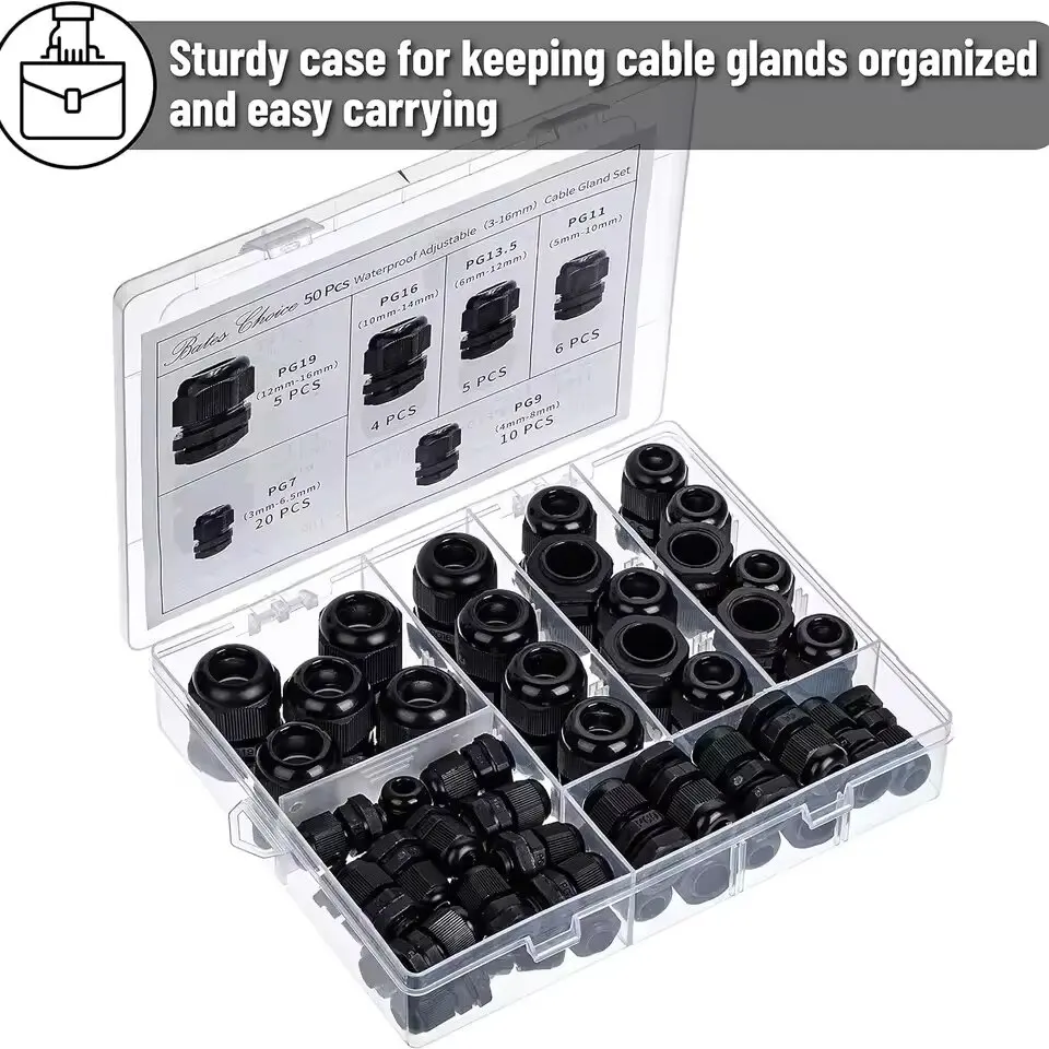 50 PCS Plastic Waterproof Cable Gland PG7-PG19 Nylon Black Cable Fixing Joint PG13.5 With Gasket Range For 3-15mm Set