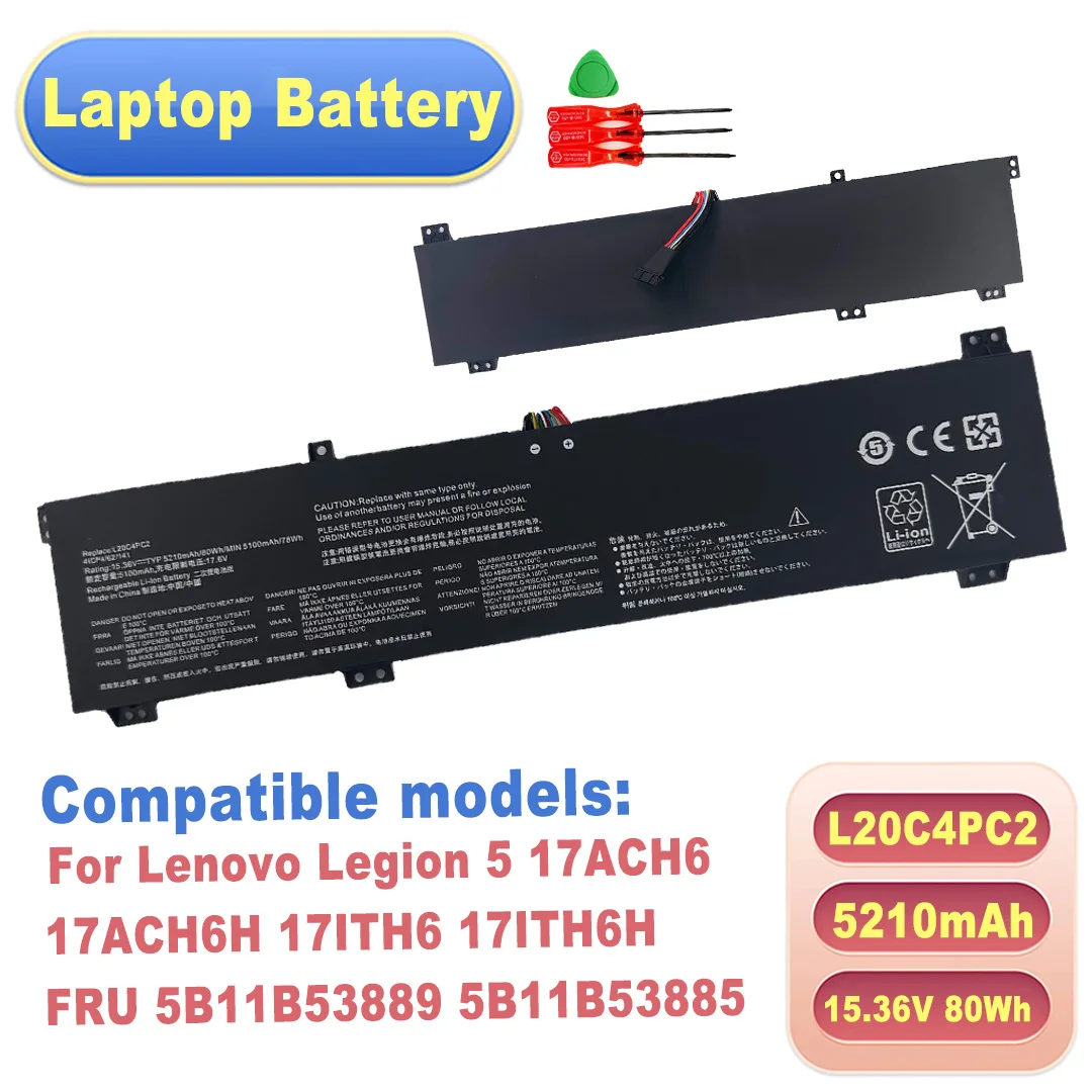 15.36V 80Wh 5210mAh L20C4PC2 L20M4PC2 Laptop Battery for Lenovo Legion 5 17ACH6 17ACH6H 17ITH6 17ITH6H FRU 5B11B53889 5B11B53885