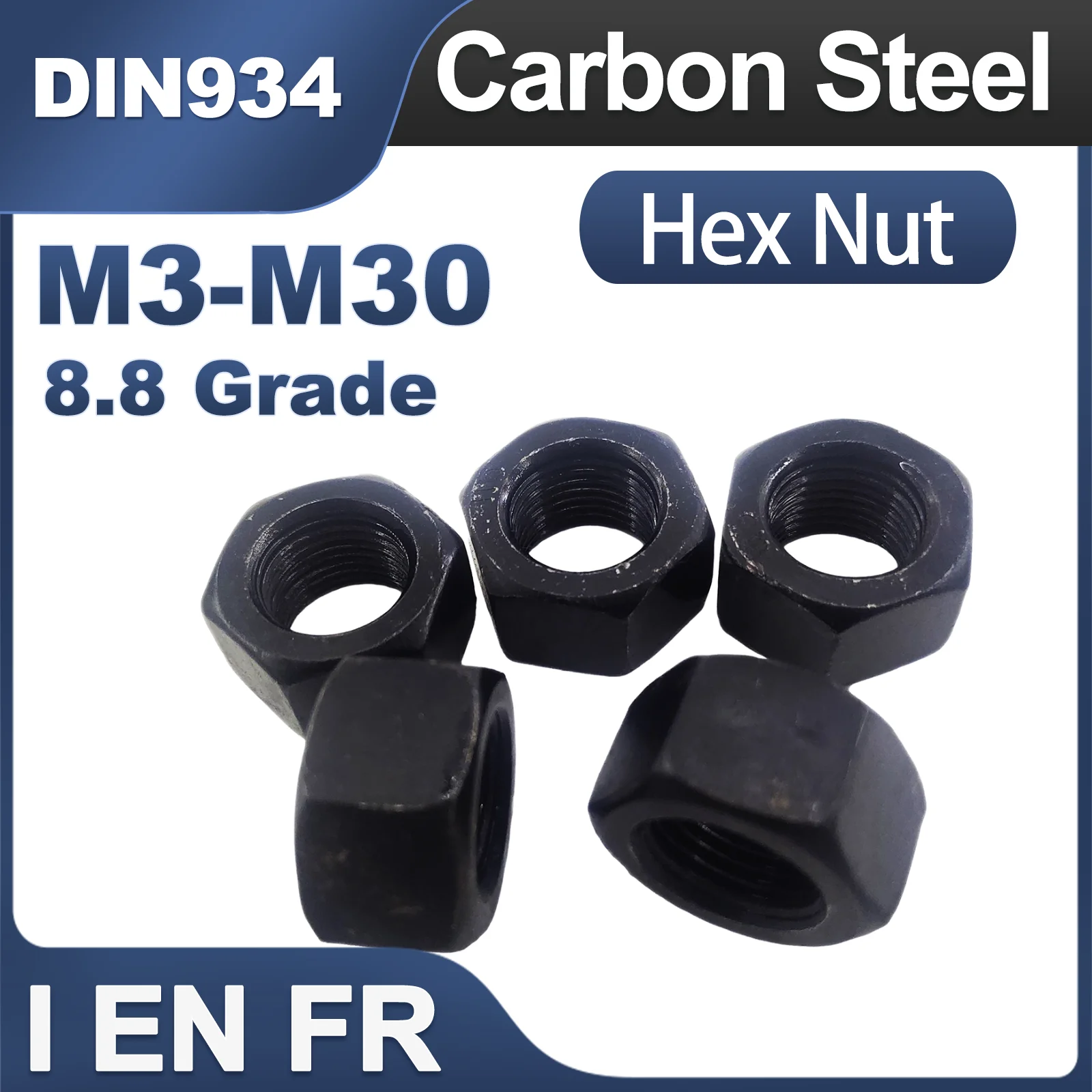 1-25Pcs M3 M4 M5 M6 M8 M10 M12 M16 M18 M20 M24 M27 M30 High Quality Black 8 Grade Carbon Steel Hexagon Hex Nut DIN934 GB6170