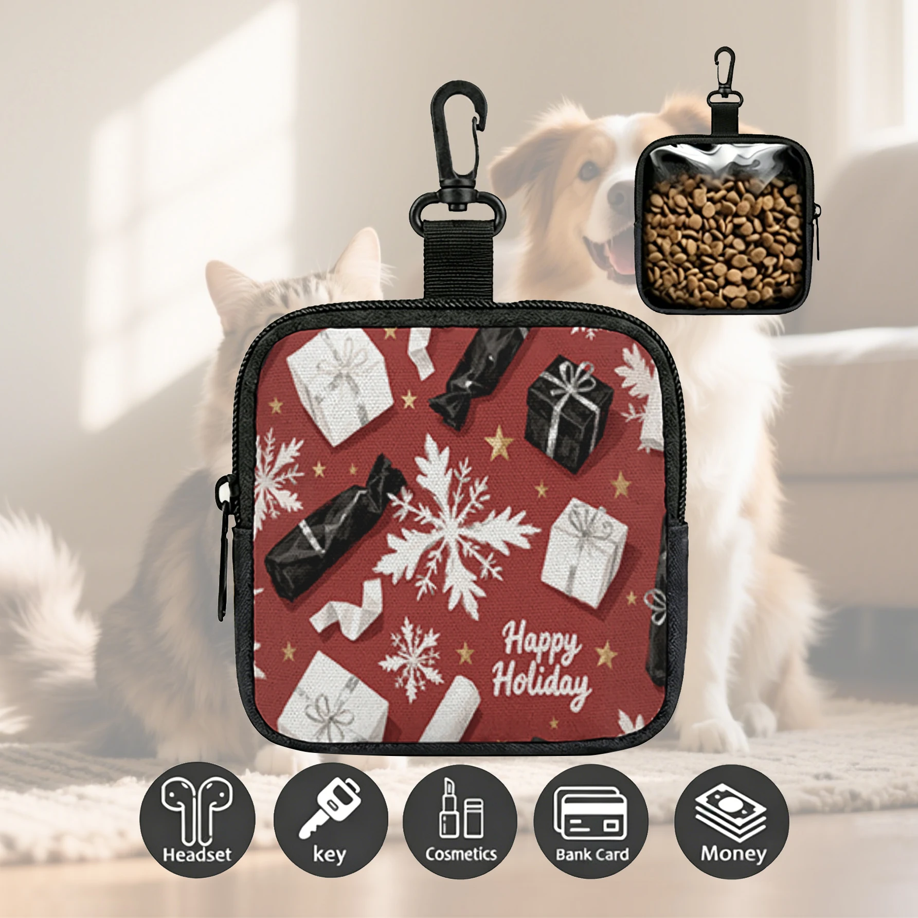 Christmas Gift Box Snowflake Happy Holiday Print Pet Treat Bag Mini Zipper Pouch With Carabiner, Portable Dog Snack Pouch