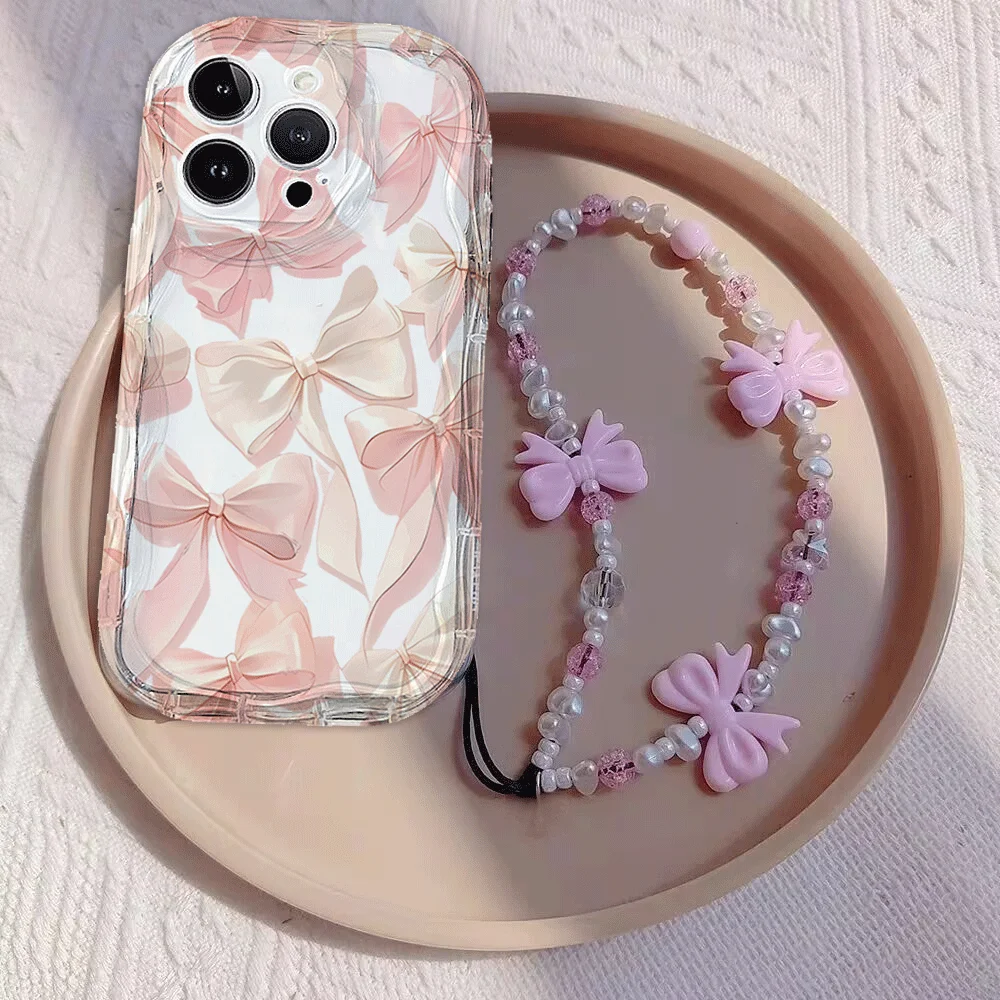 Pink Bowknot Chain Phone Case For Samsung Galaxy S25 FE S24 S23 S22 Ultra Plus FE A56 A55 A16 A06 A17 A53 5G cover Clear  Soft - náhled 3