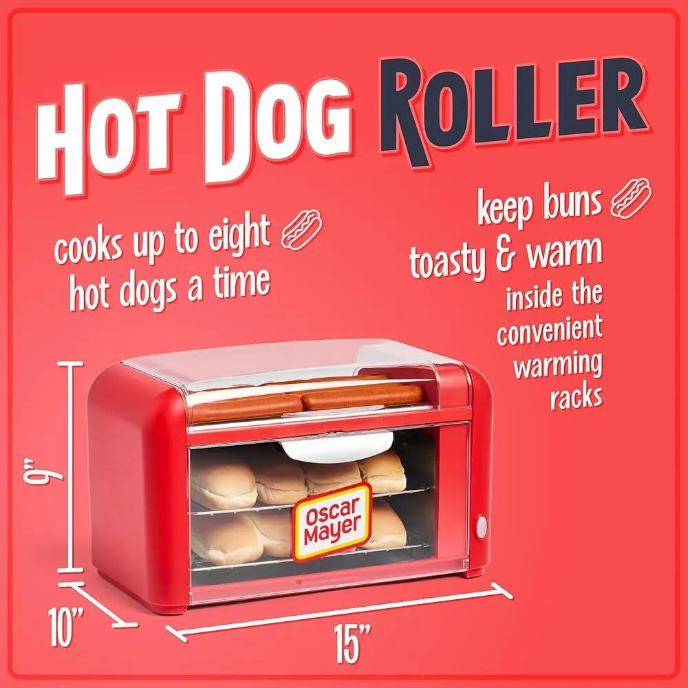 Extra Large Hot Dog Roller Bun Toaster Oven Stainless Steel Grill Non-Stick Warming Racks 5 Rollers Hot Dogs Easy Cleanup