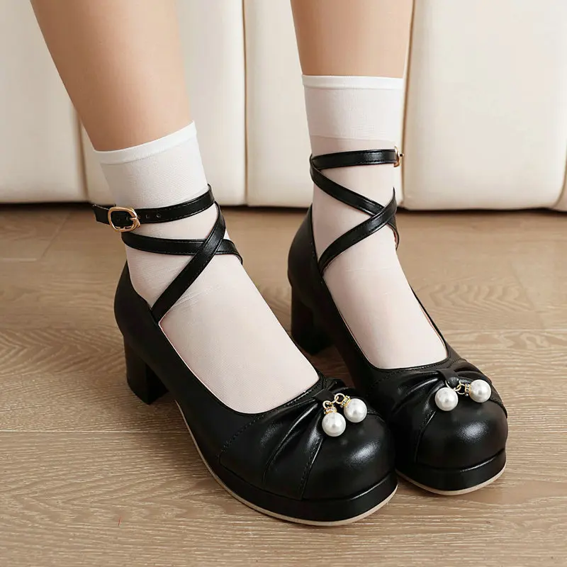 Children Girls High Heels Ankle Tape Women Pumps Sweet Bowknot Mary Jane Lolita Shoes Princess Cosplay Wedding Party Shoes 30-43