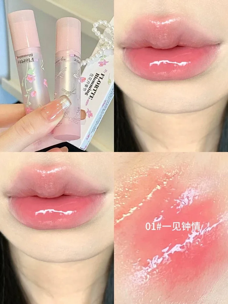 FLORTTE Lipstick Blooming Lovely Series Mirror Water Lip Glaze  Not Easy to Stick Cup Solid Lip Balm Cute Girls Makeup