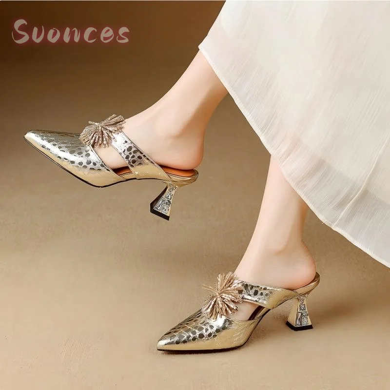 Metallic Scale Print Slide Mule Pumps Strap Sharp Pointed Toe Backless Slip On Crystal Encased Sculpted Flared Heel Stilettos