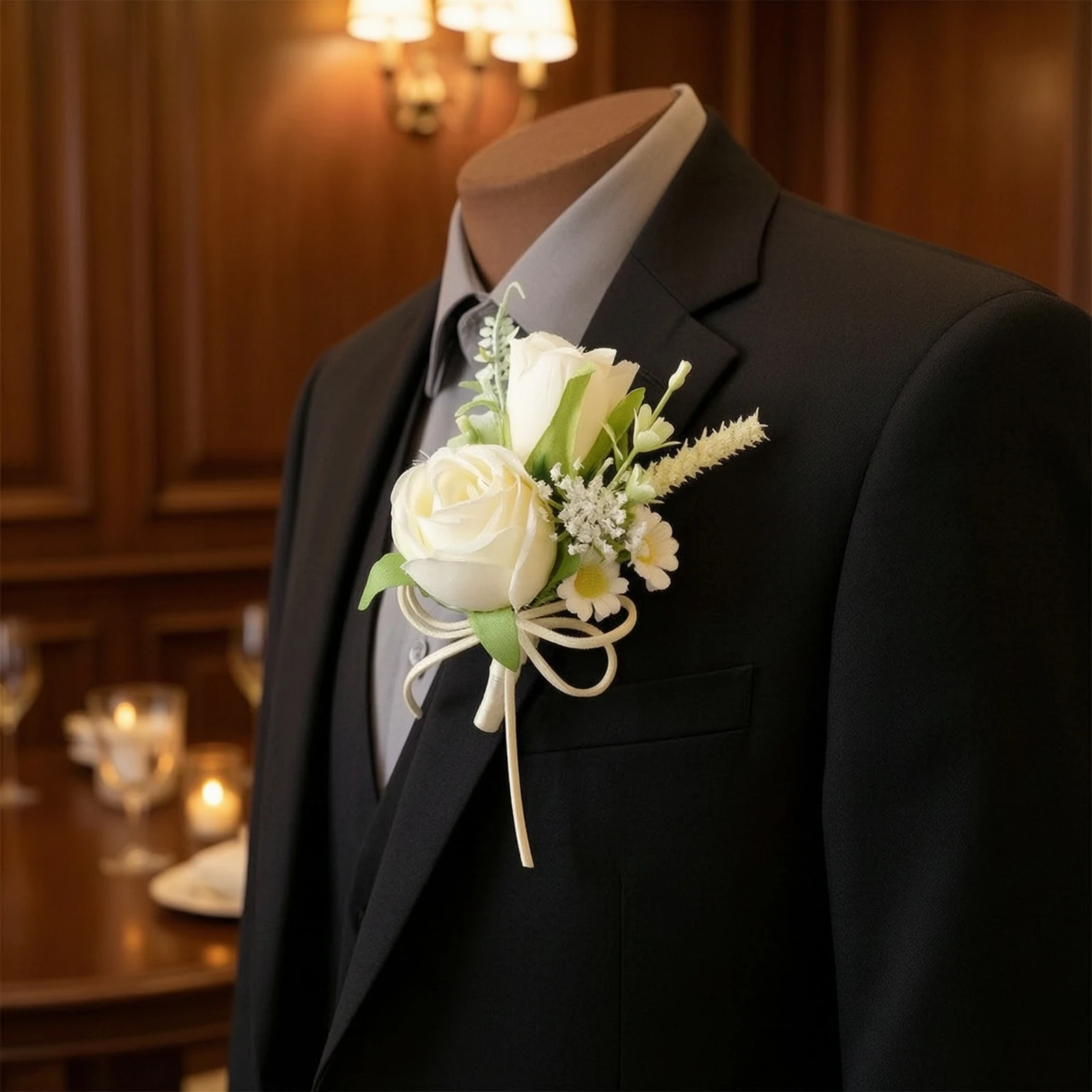 Artificial Boutonniere White Boutonniere with Wrapped Stem Lapel Flower Convenient Buttonhole Low-Maintenance for Groom