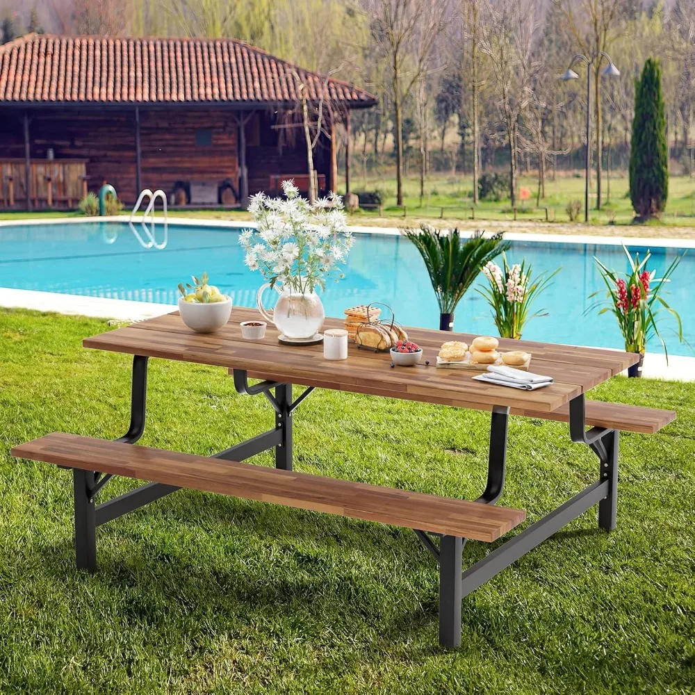 Picnic Table Bench Set for 6 or 4 Persons,  Acacia Wood Outdoor Dining Table Set with 2” Umbrella Hole,  for Patio Lawn Garden