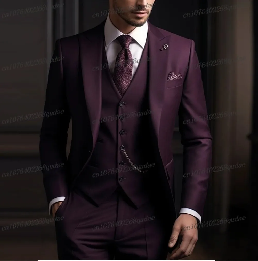 New Formal Purple Men Suit Wedding Party Groom Suits Groomsman Male Tuxedos Bridegroom Costume 3 Piece Set Blazer Vest Pants