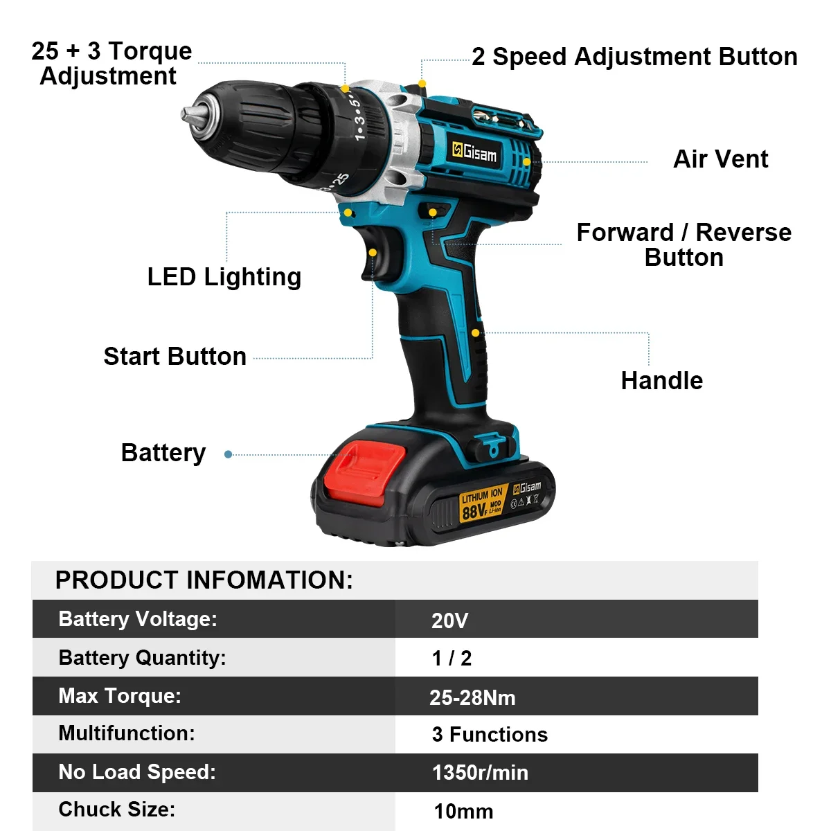 Wiredless Impact Drill Screwdriver Rechargeable Battery Cordless Hammer Drill 25+3Torque Setting Electric Screwdriver Power Tool