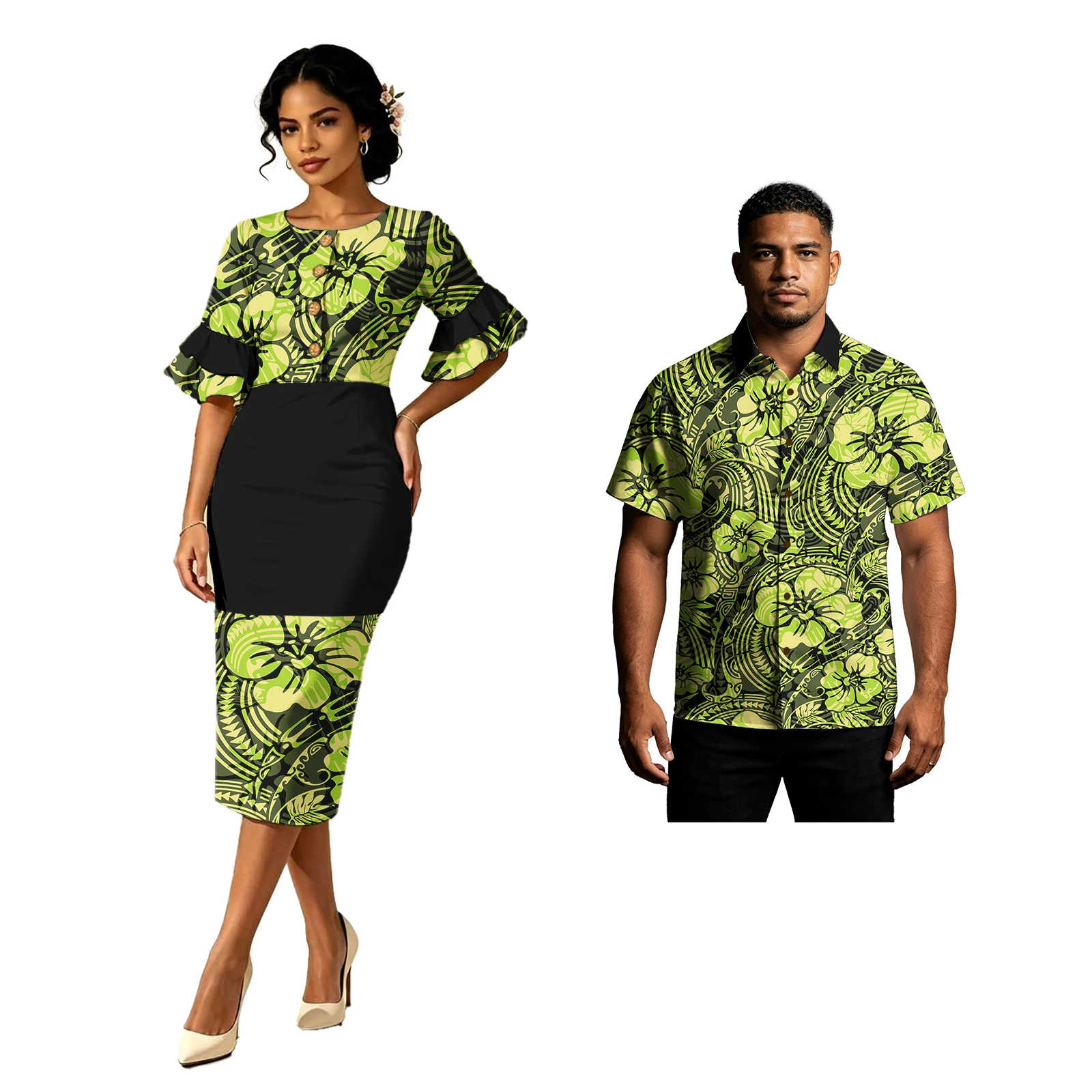 Brand New Ladies Cascading Petal Sleeve Hawaiian Dress Men Clothes Aloha Shirts Coconut Button Design Floral Print Couple Suit