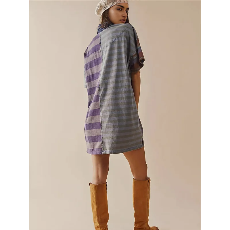 ABP-Donna Babydoll a righe a contrasto Y2k Abito estivo patchwork T-shirt Abito vintage a maniche corte con scollo a V