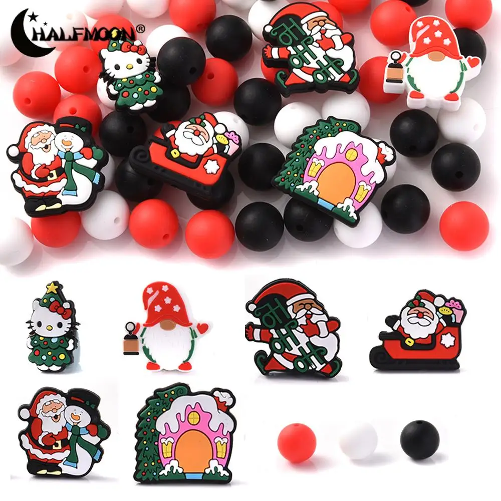 66Pcs New Round 15mm Silicone Beads Christmas Series Santa Kitty Spacer Beads For Jewelry Making DIY Jewelry Materia Accessories