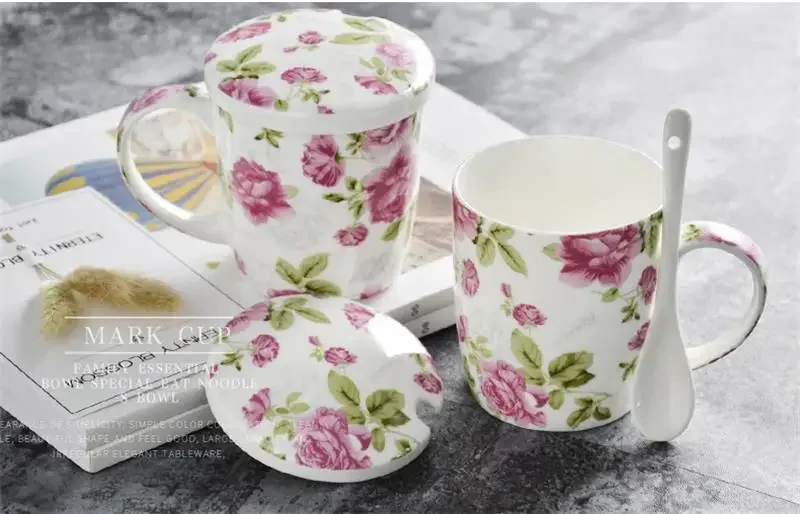 370ML Cute Floral Rose, Bone China Wake Up Coffe Mug, Creative Flower Tea Mug, Thermos Cute China Coffee Cup with Spoon and Lid