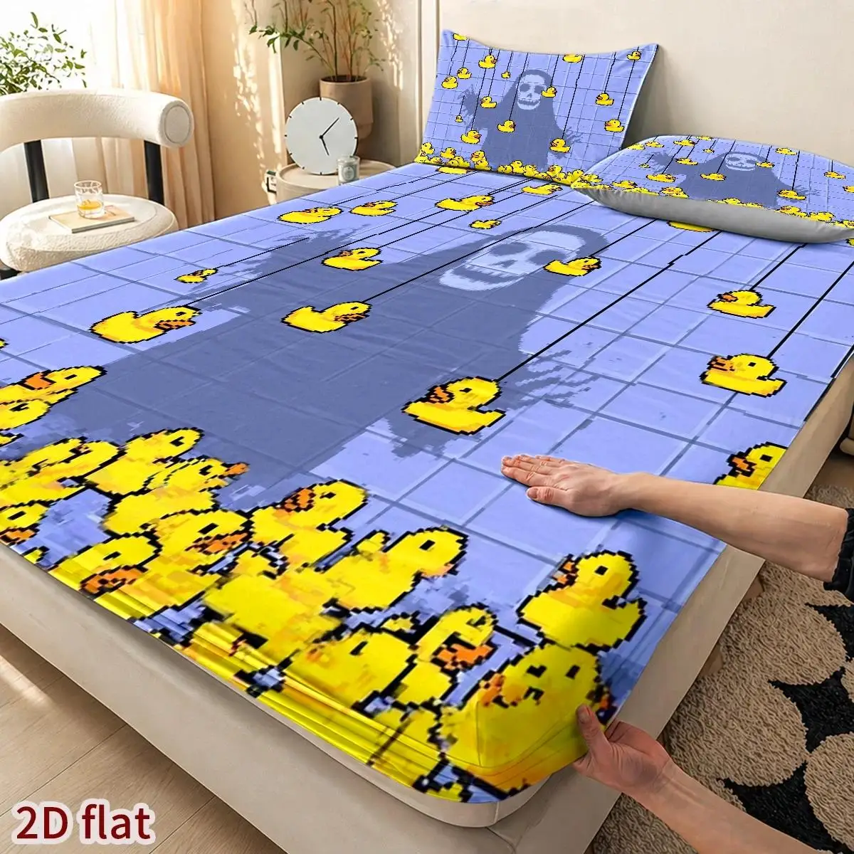 2D Digital Printed Three-Piece Bedding Set (Includes 1 Fitted Sheet + 2 Pillowcases) Mattress Protector, Fitted Elastic Style, Protective Cover, 2D Flat Priting, Mattress Protector, Angel Party Theme, Skull Rain Duck Halloween Decoration, Must-Have for Ambiance, Suitable for All Seasons, Machine Washable Design, Holiday Decoration, Various Sizes, Breathable Protective Cover Plus Pillowcase