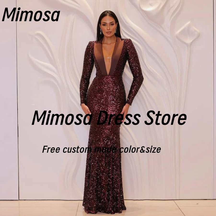 

Вечерние платья Mimosa с блестками и глубоким вырезом, сексуальное платье для выпускного вечера с длинными рукавами, свадебные банкетные платья для особых вечеринок по индивидуальному заказу