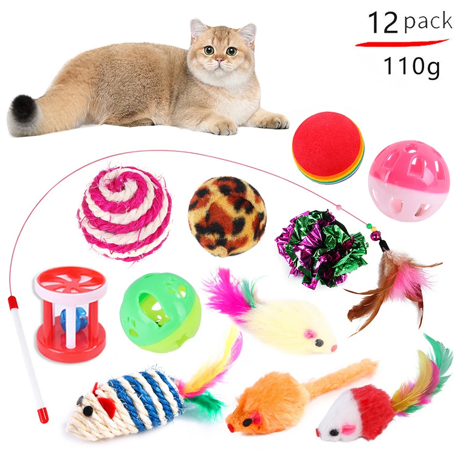 12-21-teiliges Katzenspielzeug-Set: Vielfältige Katzenspielzeug-Kombination mit lustigem Katzenstab, Sisalmaus, Glockenball und weiterem Katzenzubehör