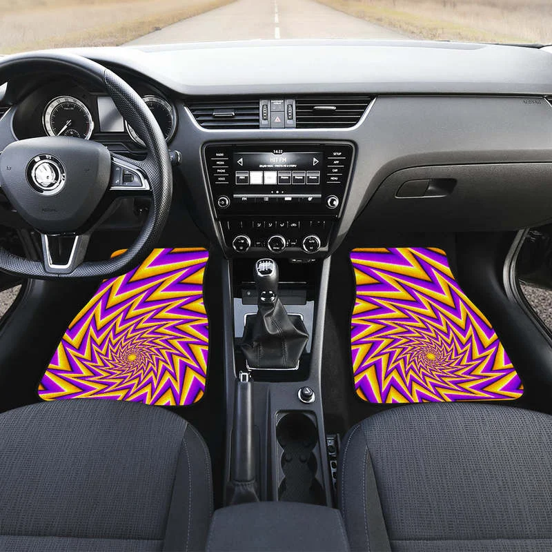 Yellow Big Bang Moving Optical Illusion Front and Back Car Floor Mats Heavy Carpet Front and Rear Full Set 4PCs Pack