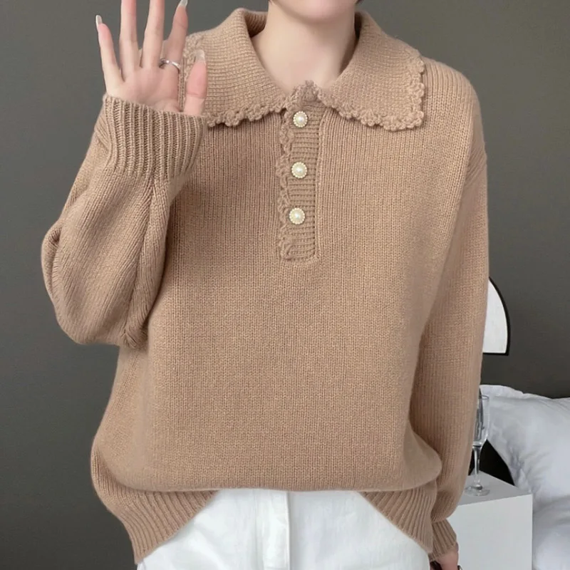 Autumn/Winter New 100% Pure Wool Sweater Casual Knitted Hoodie Thickened Collar Three Buttons Women's Tops Loose Cashmere Blouse