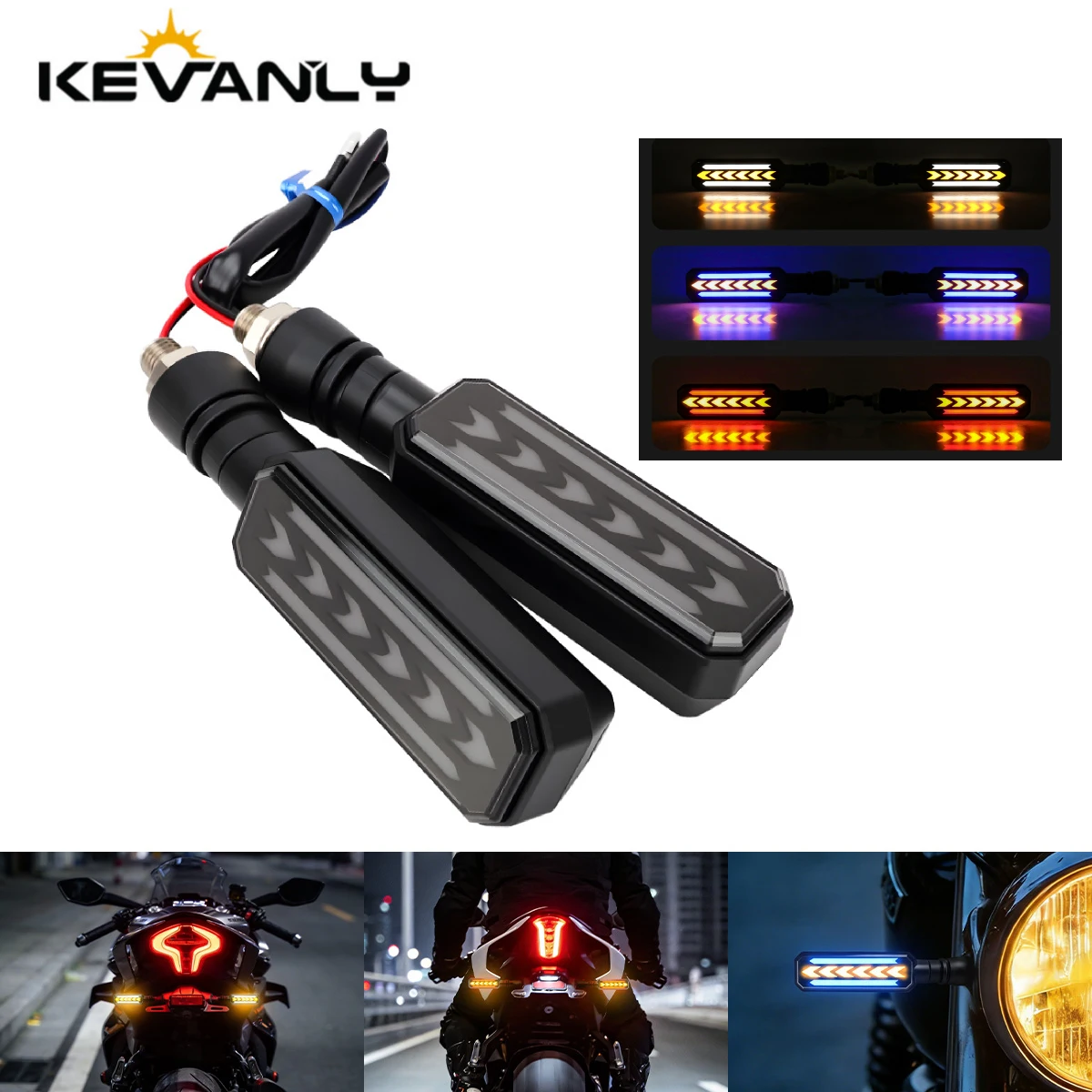 1/2Pairs Motorcycle LED Turn Signal Light Square Shaped Flowing Water Arrow Indicators Blinker Lights Dual Color Rear Taillight