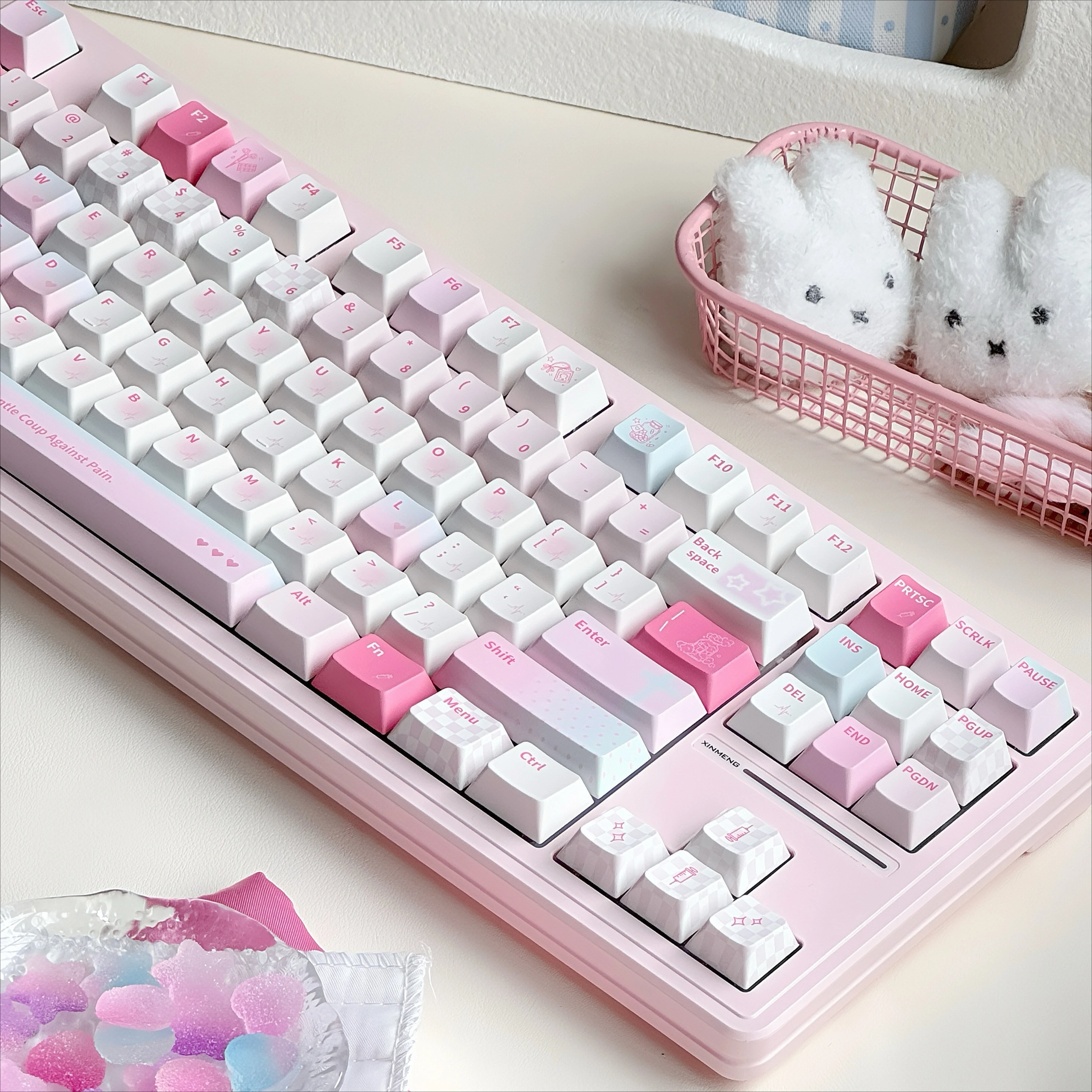 Cute Pink Keycap Set Cherry Profile PBT Sublimation Keycaps Split Space Bar for MX Switches ISO Alice Layout Mechanical Keyboard