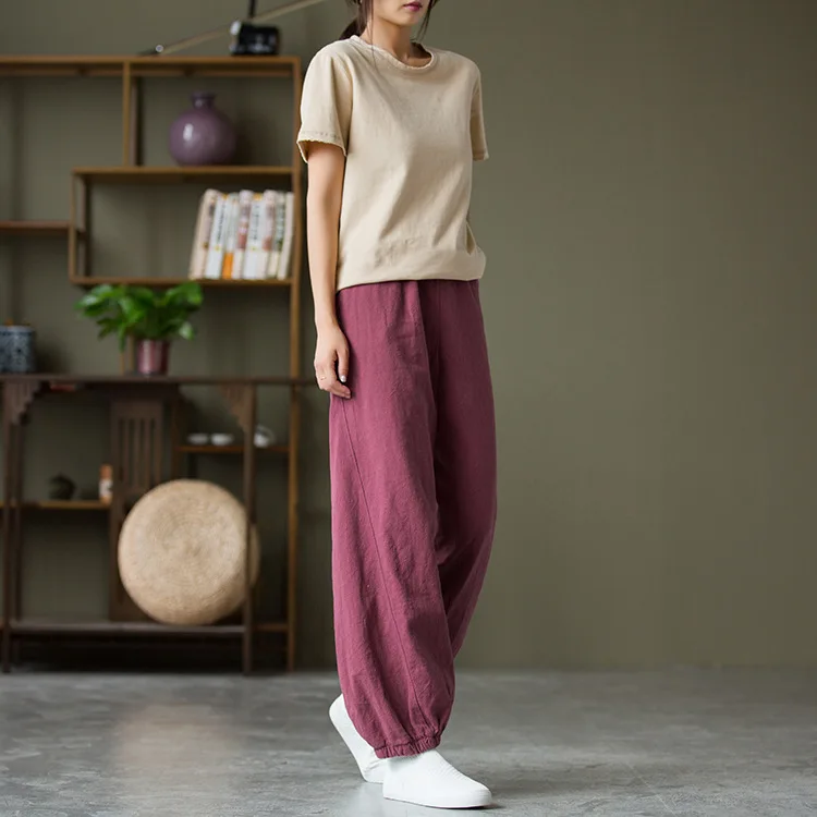 سراويل الخريف المصنوعة من القطن والكتان: سراويل حفل الشاي واسعة الساق مغسولة بالرمل #6