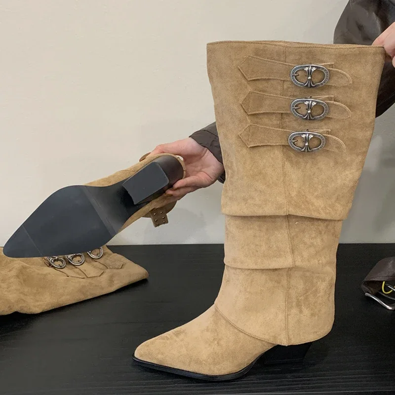 

Aneikeh/модные сапоги до колена, осенне-зимние длинные ботильоны на низком каблуке, женская квадратная женская обувь в стиле панк с пряжкой и ремешком