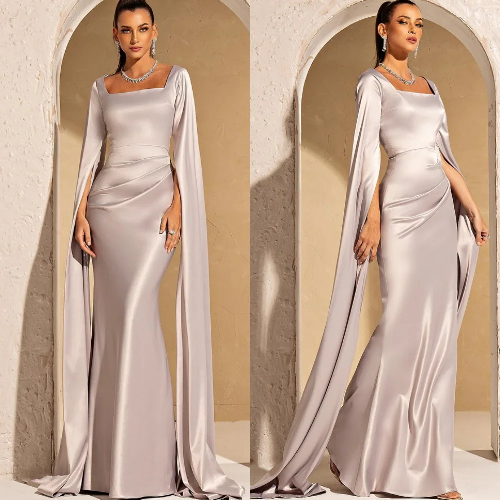 Maßgeschneiderte hochwertige Satin-Abendkleider, modisch, quadratischer Kragen, lange Ärmel, Promi-Kleider, moderne Kleider für besondere Anlässe