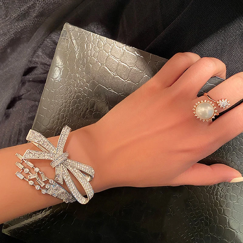 Elegant Crystal Bow and Shooting Star Open Cuff  Bangle Silver-Tone Sparkling Everyday Bracelet Statement Jewelry