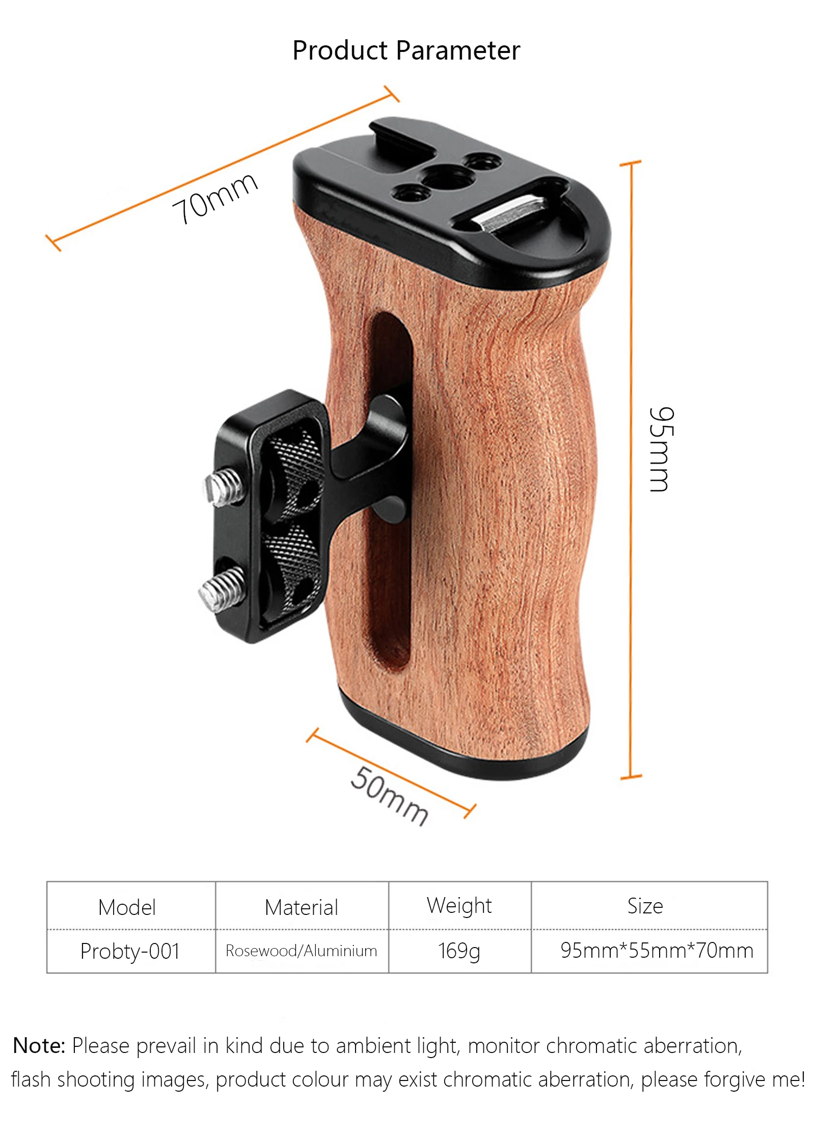 Probty 범용 DSLR 카메라 케이지 사이드 핸들, 소니, 캐논, 니콘 카메라용, 나무 미니 핸드그립 1/4 나사, 콜드 슈 사진