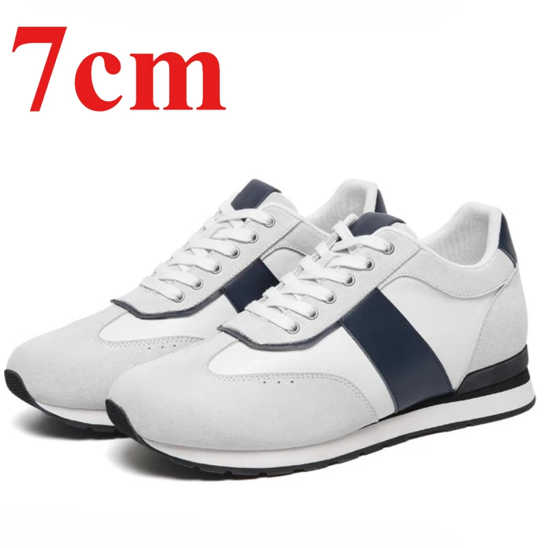 Casual Sneakers Comfortable Elevator Shoes for Men's 7cm Invisible Height Heightening Shoes Genuine Leather White Sports Shoes