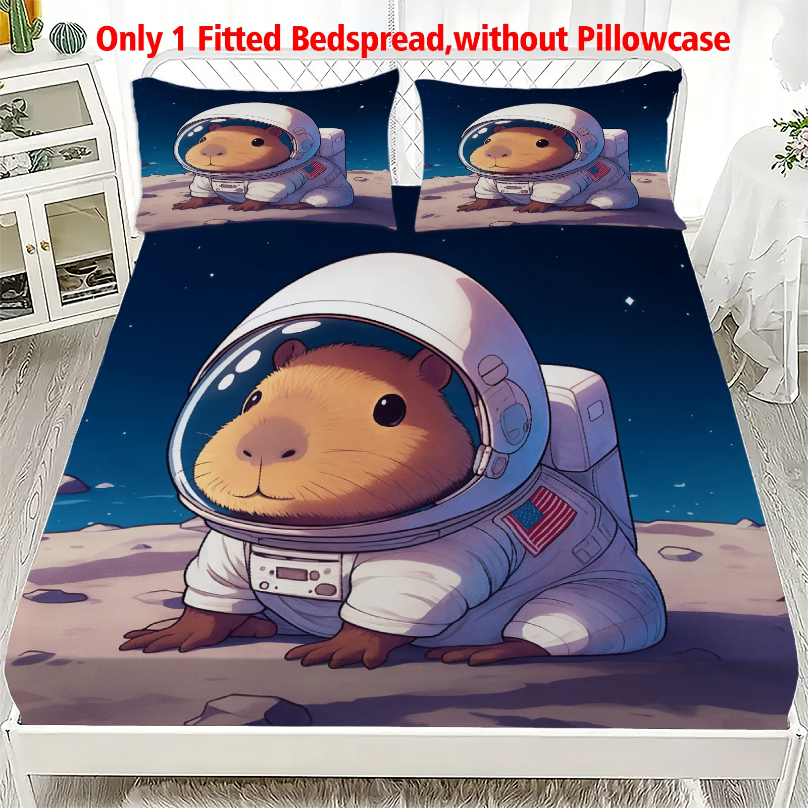 1pc Astronaut Capybara Fitted Sheet Space Moon Print Deep Pocket Elastic Mattress Cover No Pillowcase Twin/Full/Queen/King Decor