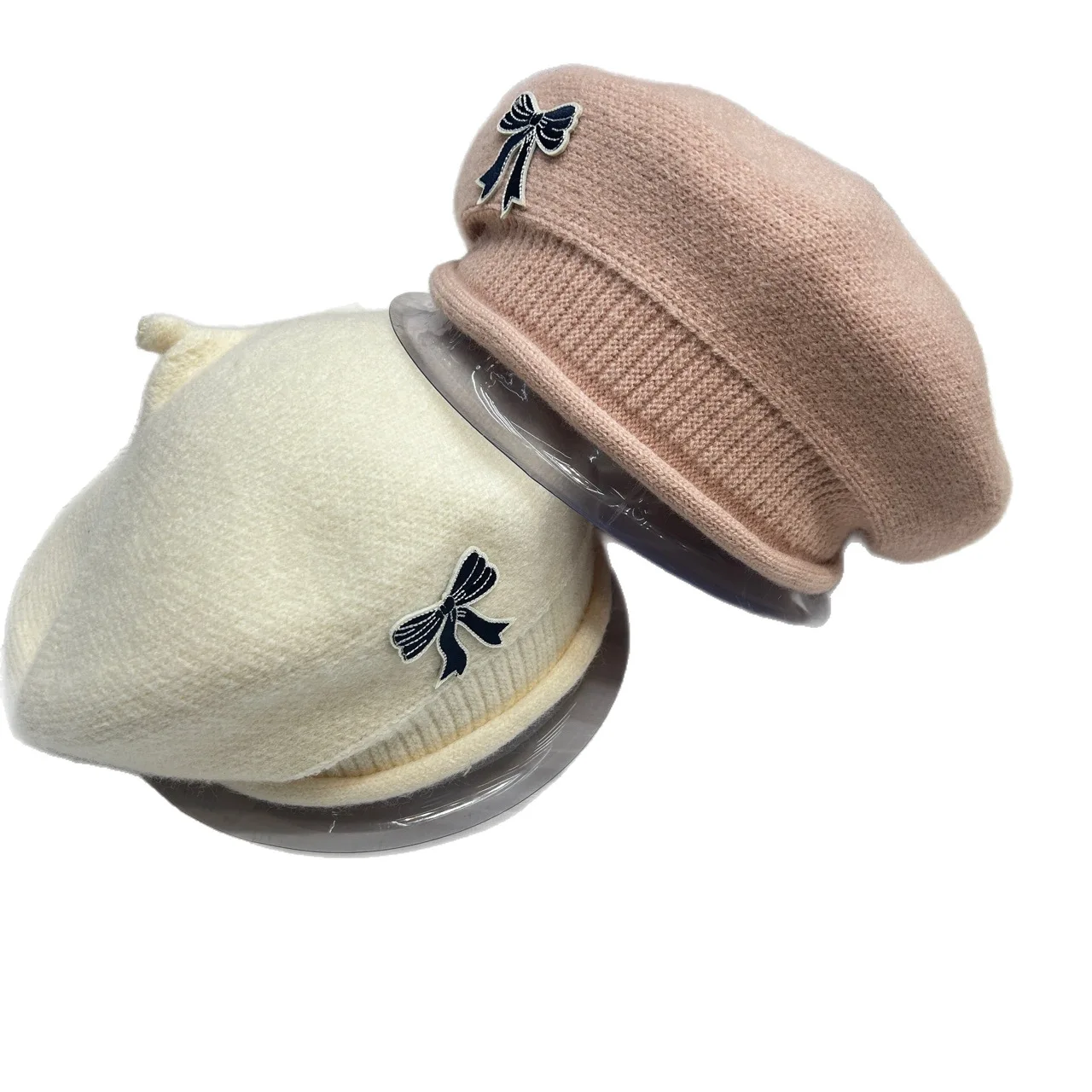 new large-scale curling edge casual versatile bow sticker knitted beret knitted simple and comfortable trendy hat