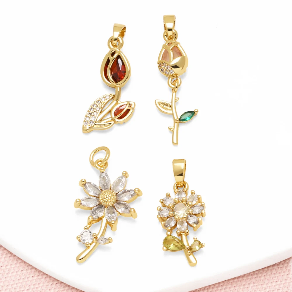 OCESRIO White Crystal Rose Tulip Pendant for Necklace Copper Gold Plated Daisy Flower Bag Charm Jewelry Making Component pdta324