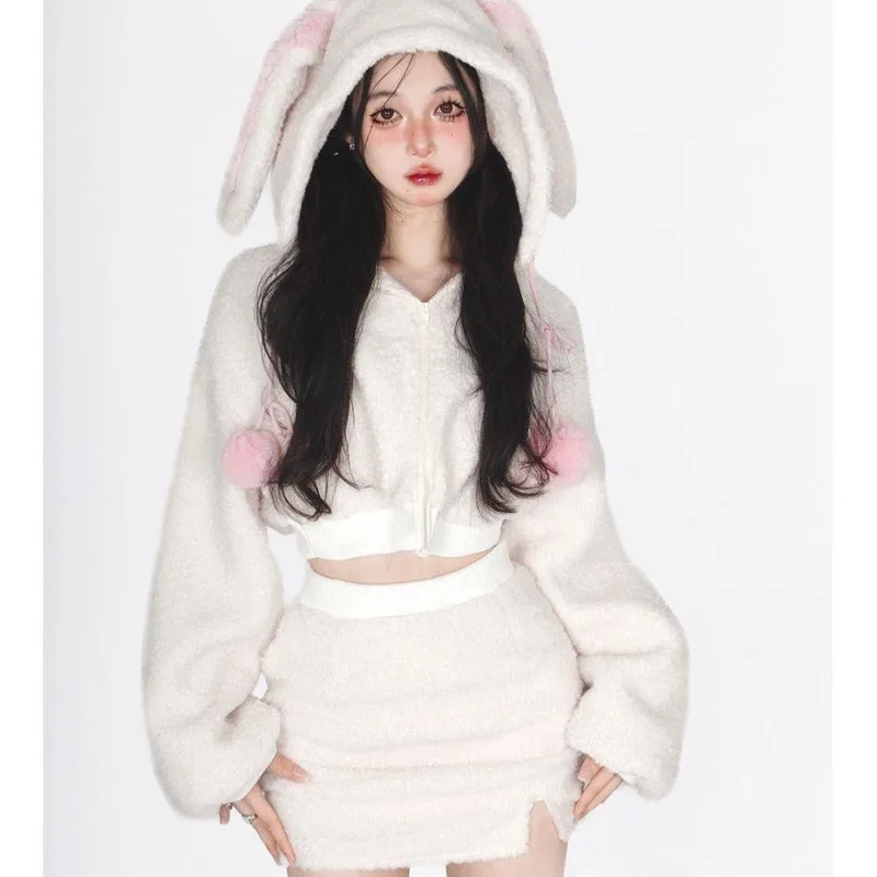 Cute Sweet Bunny Hooded Plush Fuzzy Short Skirt Set for Women Lolita Style Hot Rabbit Ears Hooded Zipper Slim Skirt Suit Clothes