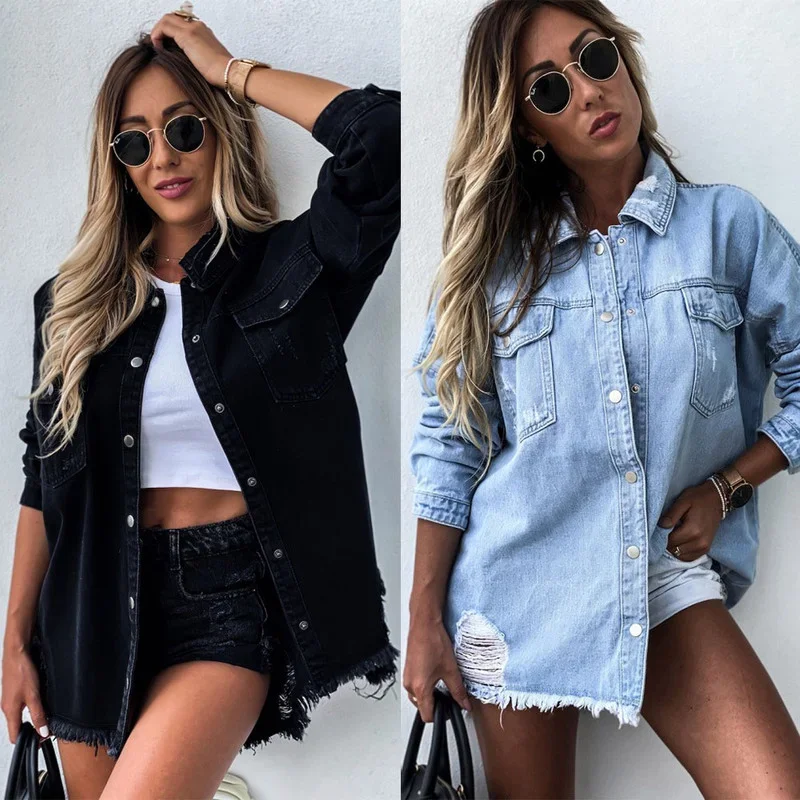 Retro Tassel Ripped Denim Jackets Women Fashion Lapel Mid-Length Jean Tops Spring Autumn Loose Casual Thin Single Breasted Coats