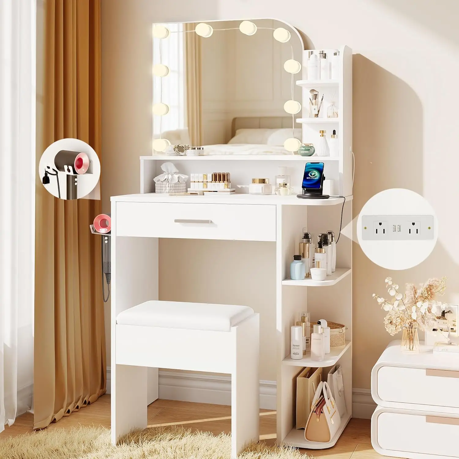 White Makeup Vanity Desk for Girls in Small Spaces, Compact with 3 - Color Lights