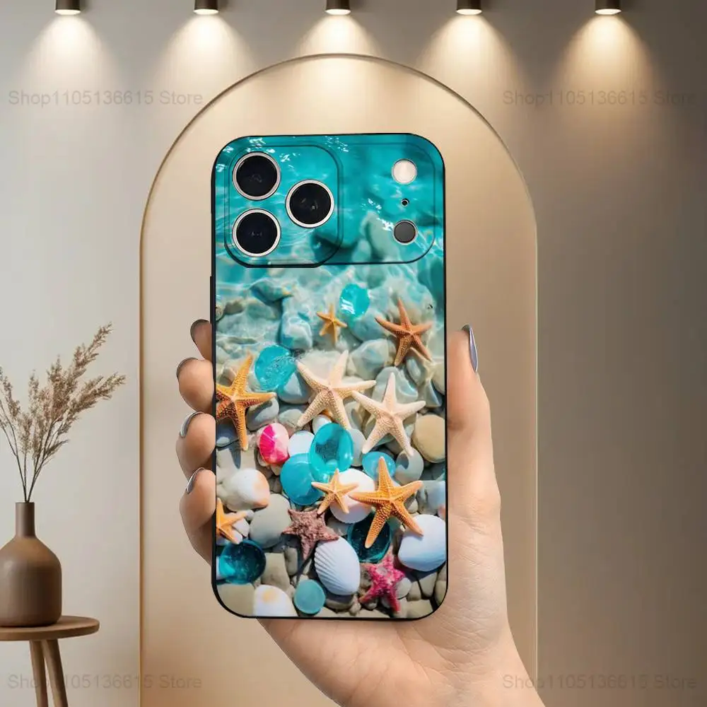 Casing Ponsel Starfish Beach Shells Untuk iPhone 17,16,15,14,13,12,11,Plus,Pro Max,XS,X,XR,SE,Mini,8,7, Penutup Silikon Lembut Hitam