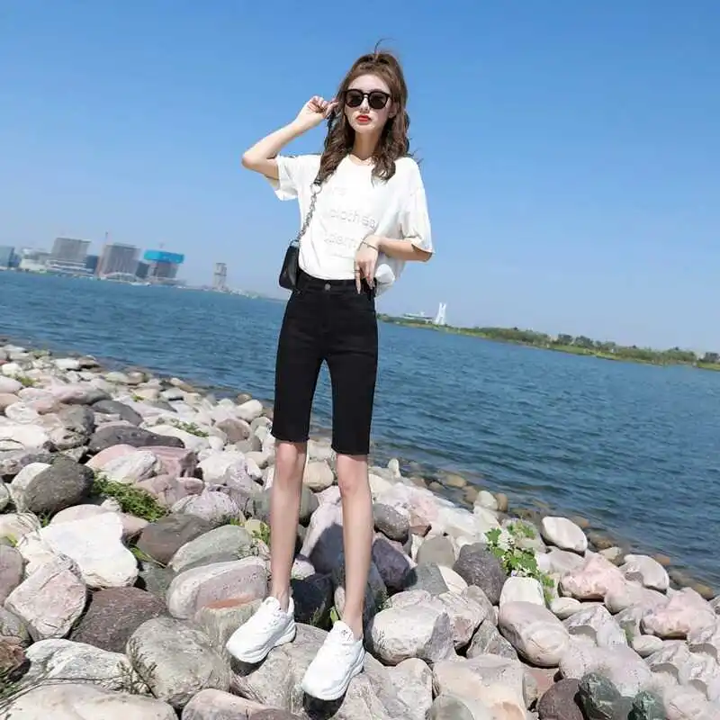 

Spring Summer Thin Black Denim Short Pants Women's High Waist Elastic Hot Pants Tight A-Line Cycling Casual Mid-Length Shorts