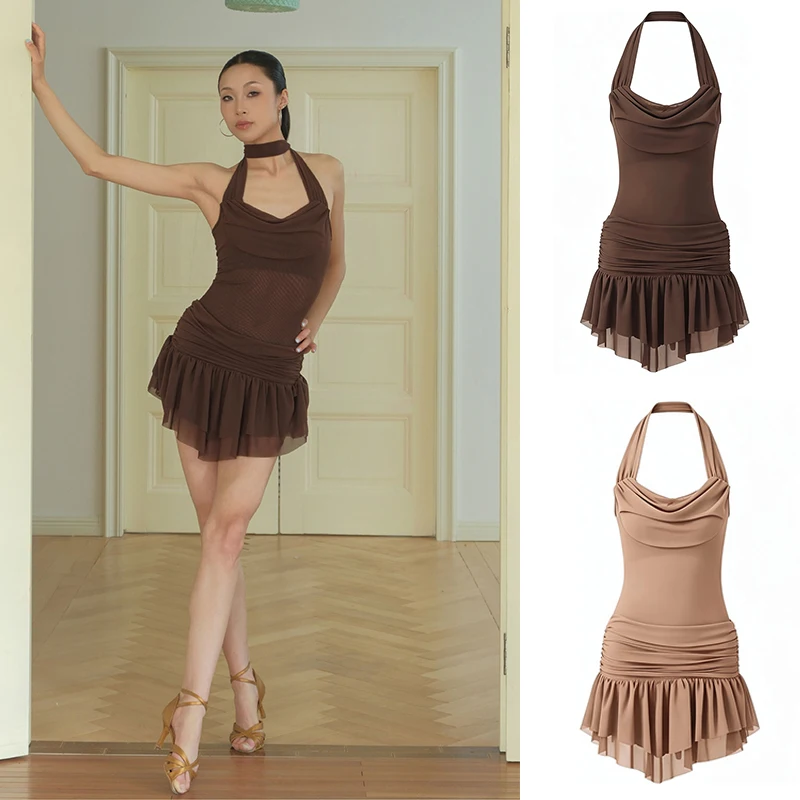 2026 New Adults Latin Dance Dress Performance Costumes Women Swing Collar Hanging Neck Dress Female Samba Dance Clothes DN24168
