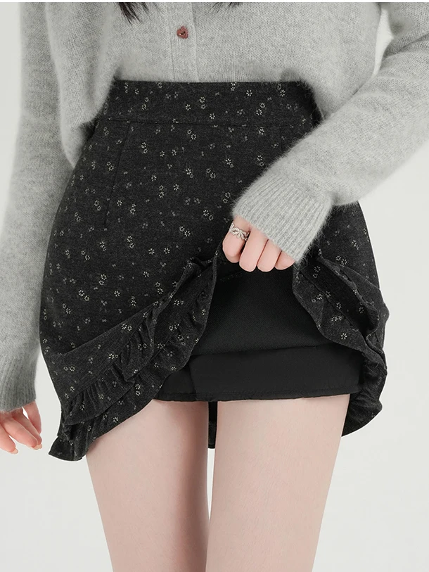 Retro Floral Wrap around High Waist A-Line  Skirt Women's Autumn Winter Splice Wood Grain  Slimming Short Skirt