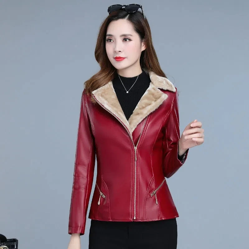 Autumn Winter Warm Faux Fur Coat Women Leather Jacket Ladies Slim Moto Biker Basic Jackets Plush Casual Short Outerwear XL-6XL