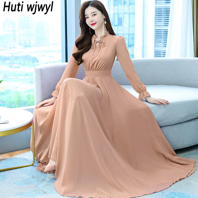 Korean Vintage Solid Maxi Dress Spring Autumn Black Casual Beach Midi Dress 2024 Women Party Bodycon Long Sleeve Night Vestidos